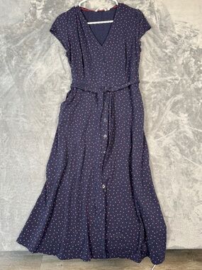 Boden Navy Polka Dot Midi Dress Button Front Tie Waist UK12 US8